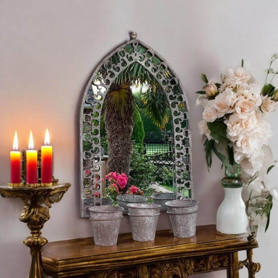 image 1 of Rusty Wall Mirror with Triple Planter - Distressed Metal - L15 x W45 x H78 cm - Light Grey | Grey