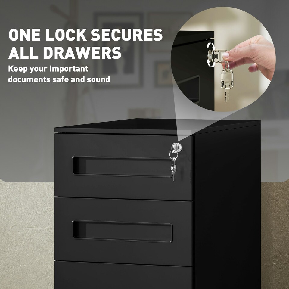 image 1 of Vinsetto Lockable Mobile Filing Cabinet w/ 3 Drawers 30 x 43.5 x 60 cm Black 