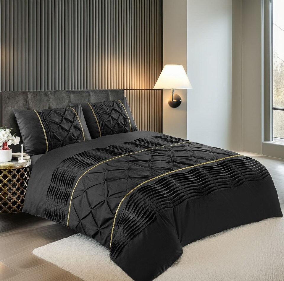 image 1 of Duvet Cover And Pillowcase Set Silver Black Red Lilac White Pintuck Pleated Design Polycotton Linen Black | Black | Double