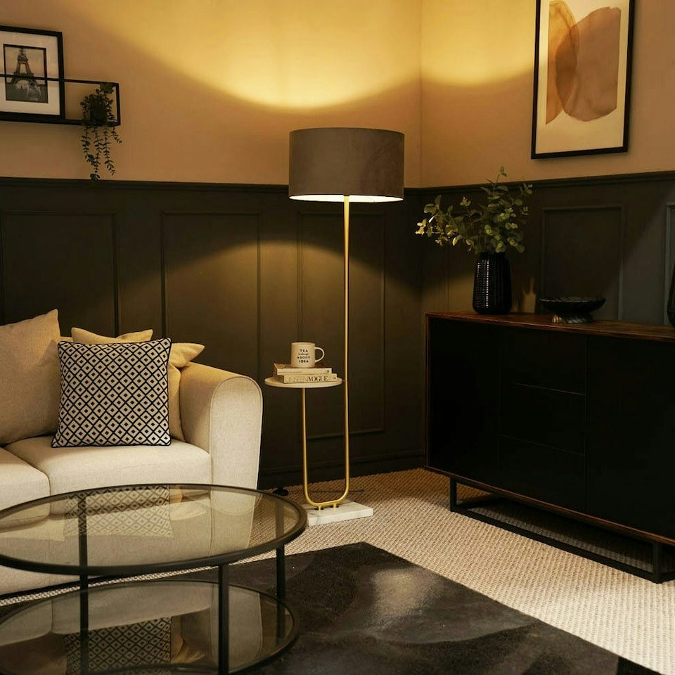 image 1 of ValueLights Tavel Brushed Gold Floor Lamp with Large Grey Drum Shade and LED Bulb