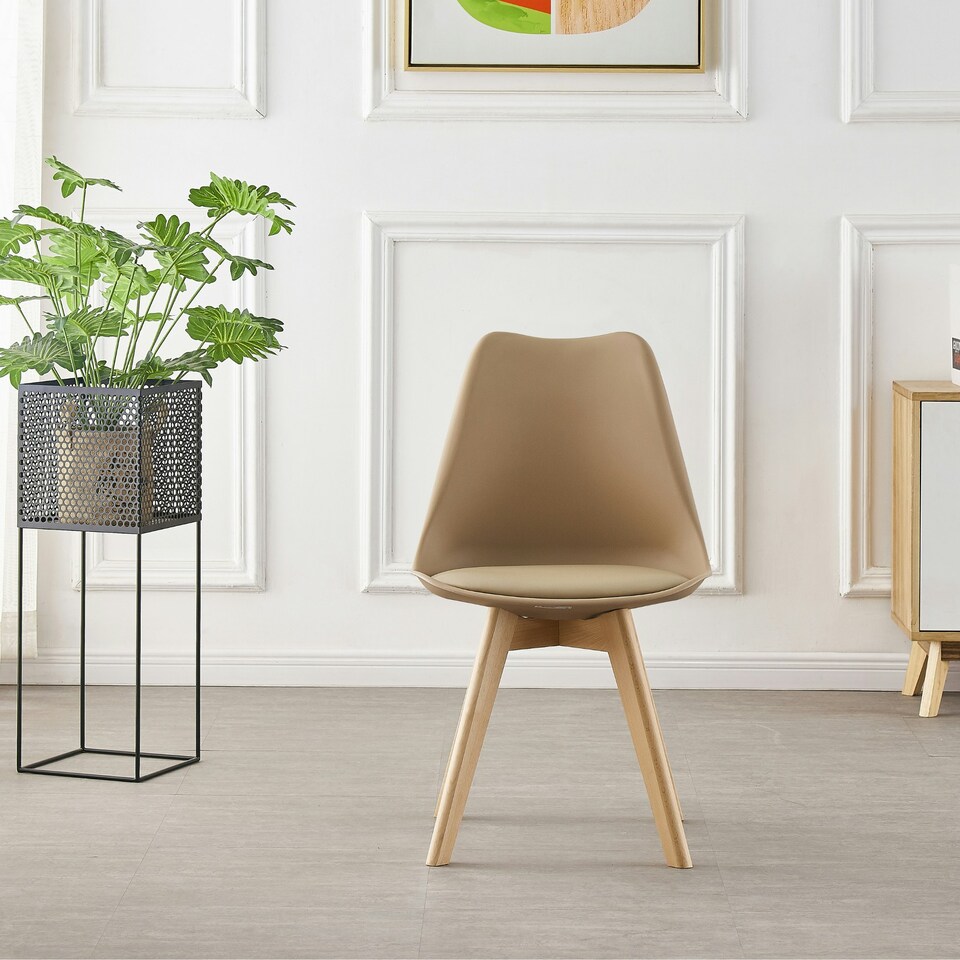 image 1 of Set of 4 Scandinavian Dining Chairs with Leather Cushions Solid Wood Legs Bronze | Vanilla