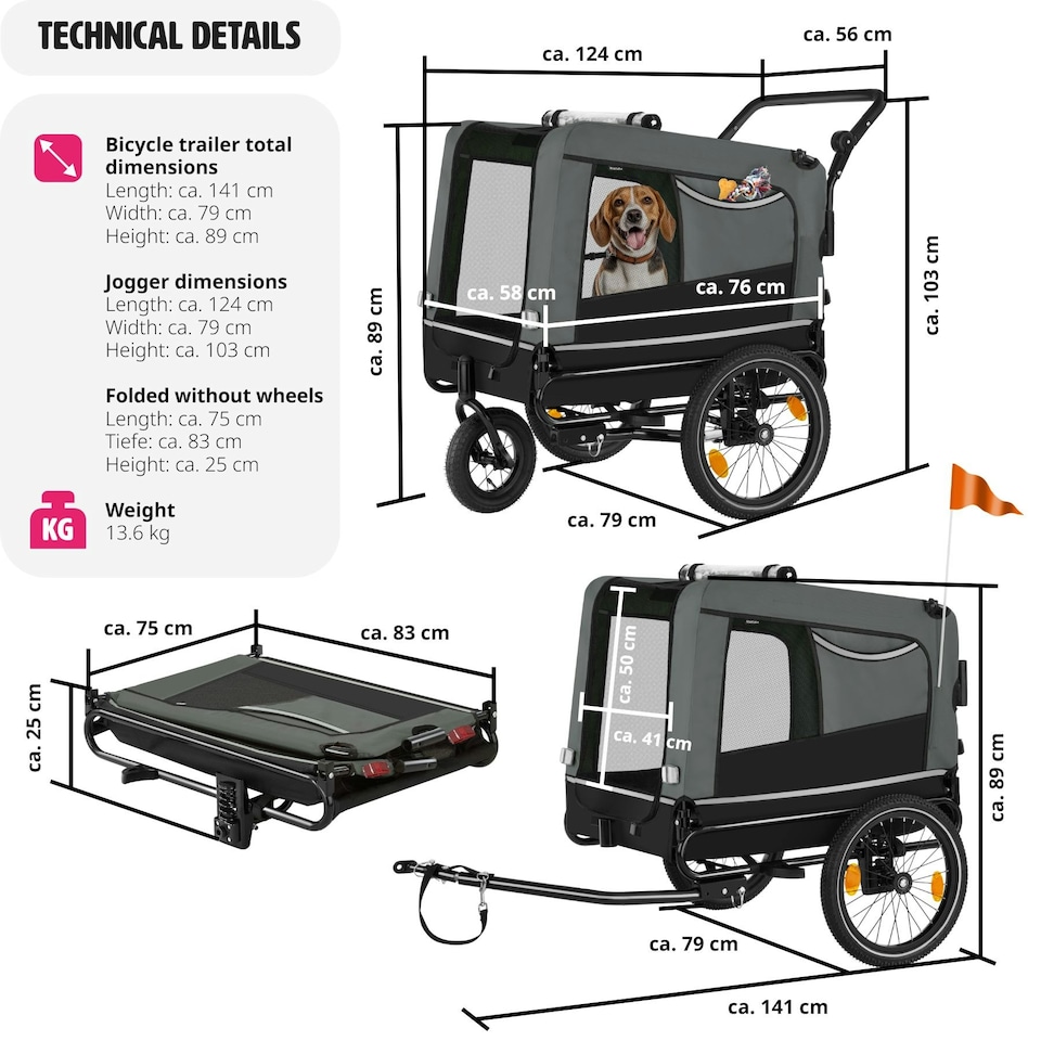 image 1 of Dog Bike Trailer - multifunctional, foldable, including reflectors, leash and flag - Grey