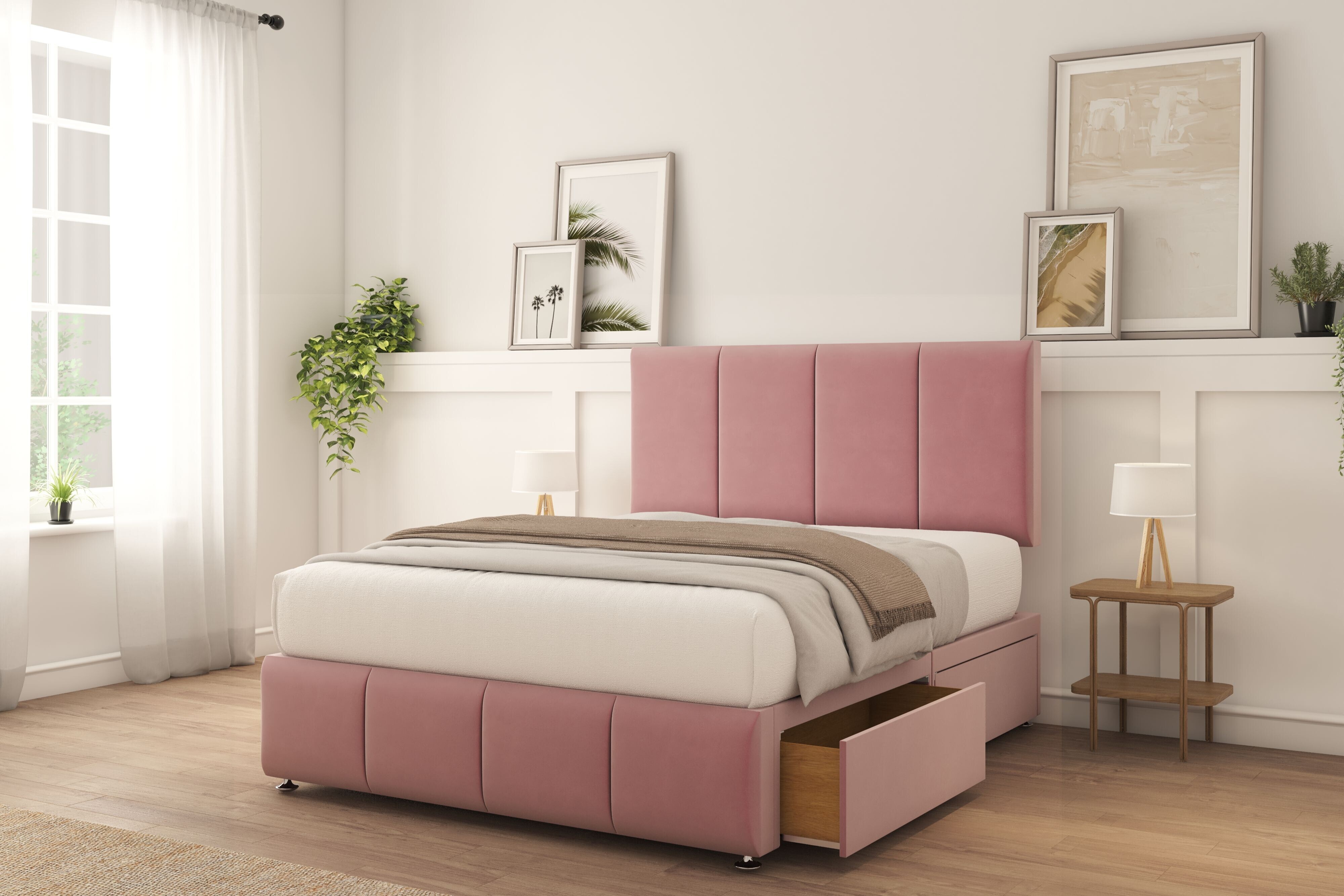 Sloomy Lisbon Pink Plush Divan Bed With Mattress 2 Drawers Right 26" Strutted Headboard & 12" Footboard 3' Single