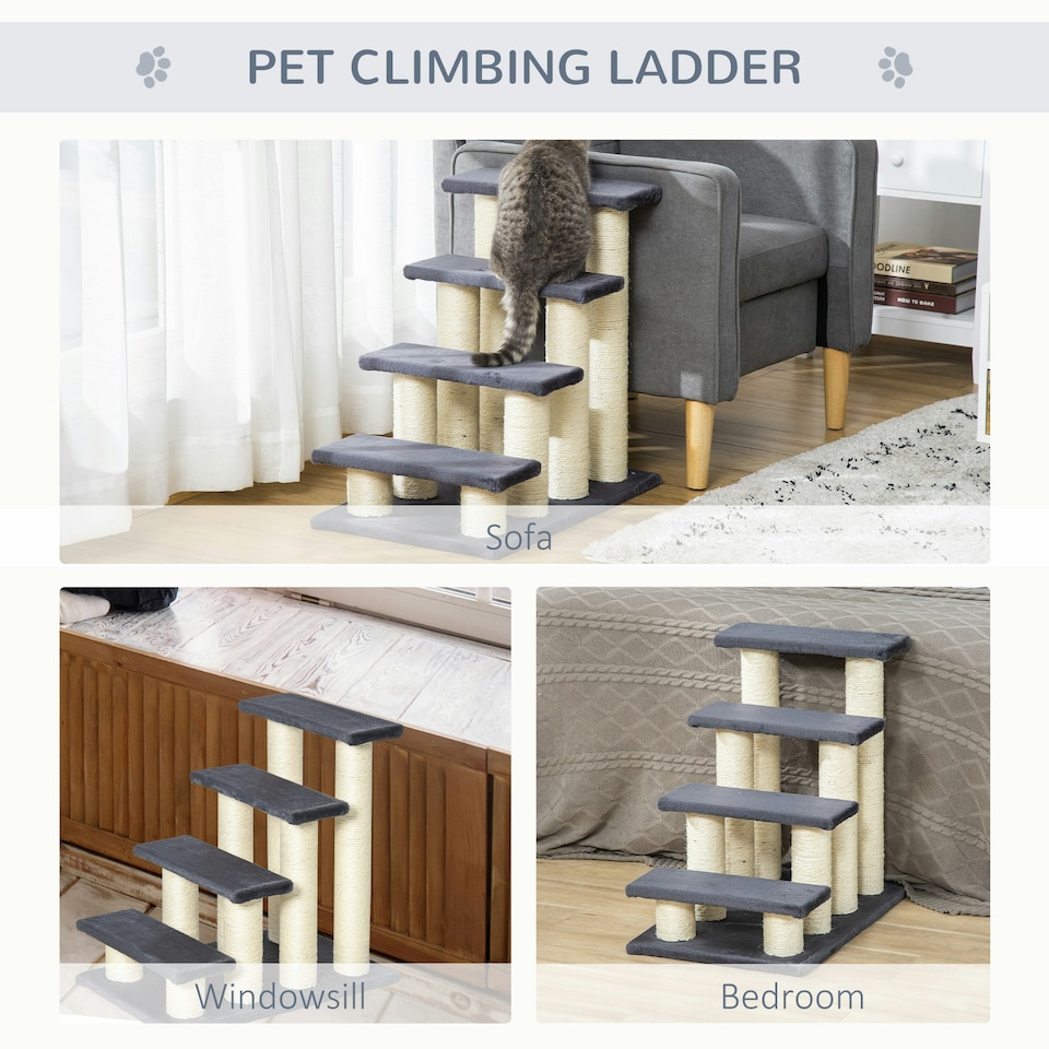 image 1 of PawHut Dog Steps for Bed 4 Step Pet Stairs ladder for Dog Cat Scratch Post Grey