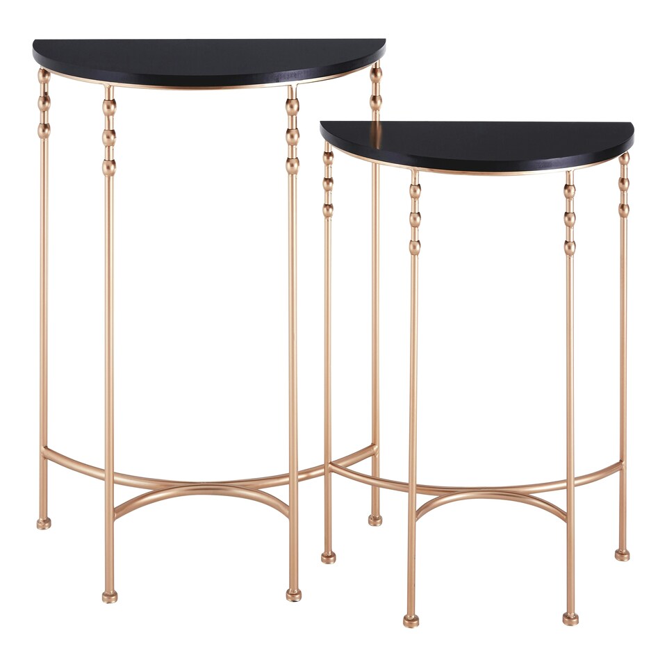 image 1 of Interiors by Premier Set of Two Half Round Console Tables, Boutique Style Rose Gold Accent Tables with Matte Black MDF Top