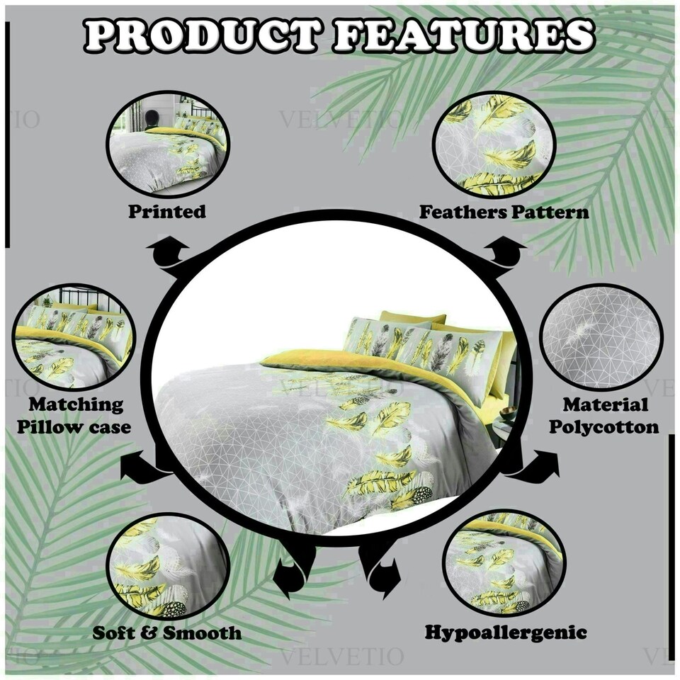 image 1 of VELVETIO Feathers Geometric Printed Duvet Cover Set Reversible Polycotton Beddings Yellow | Double