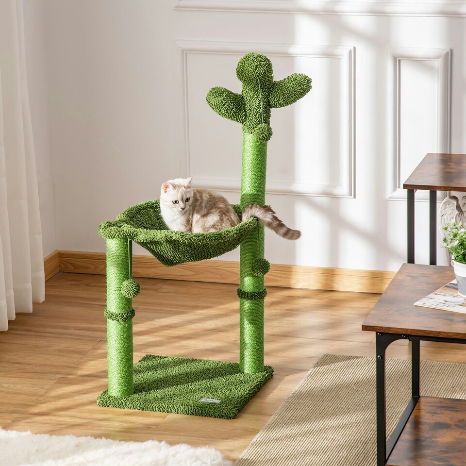 image 1 of PawHut Cactus Cat Tree Tower with Sisal Scratch Post Hammock, 96cm, Green