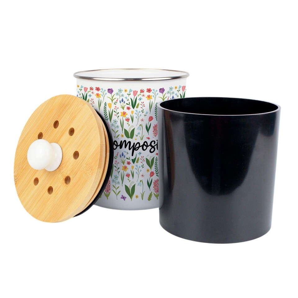 image 1 of Spring Flowers Compost Caddy - Metal 2L Decorative Kitchen Food Waste Bin