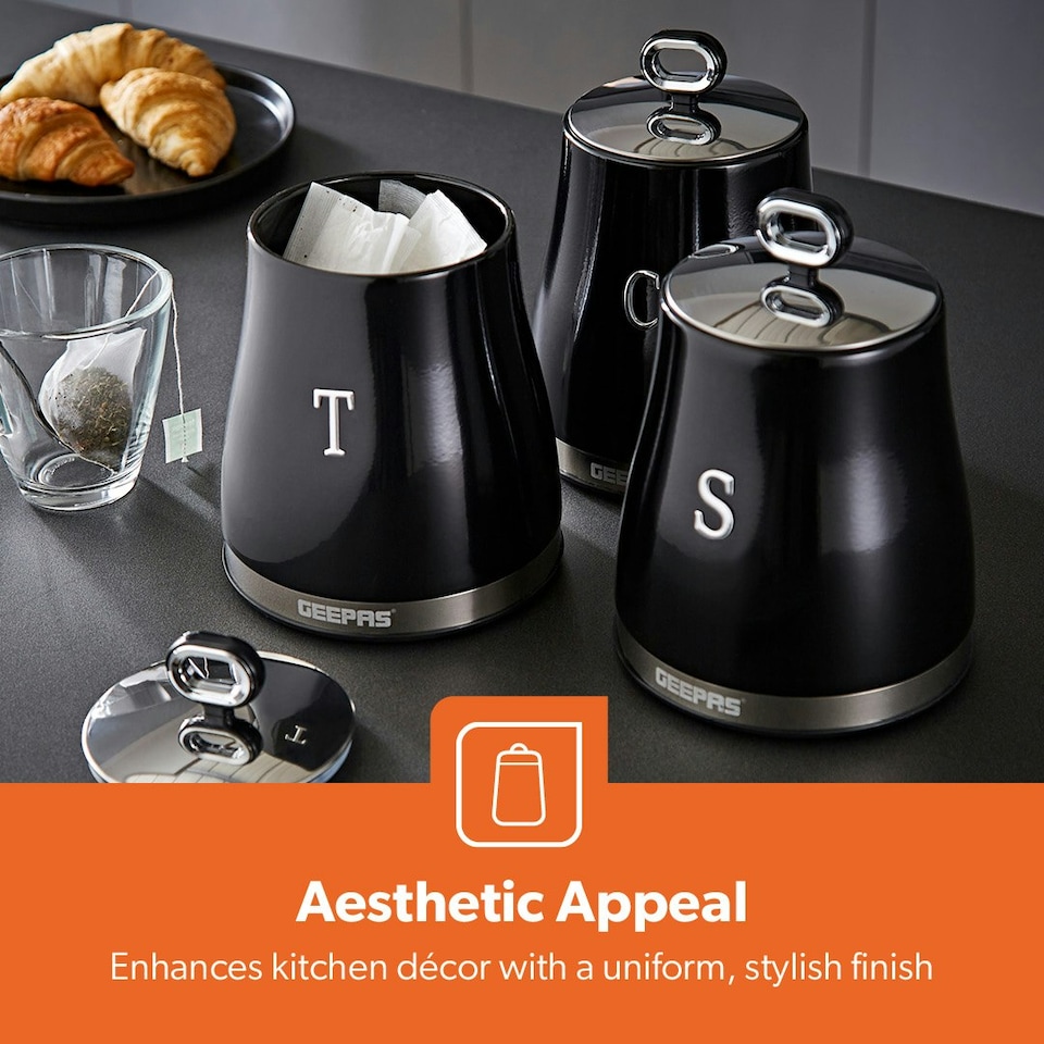image 1 of GEEPAS 3-Piece Tea Coffee Sugar Canisters Set | Black