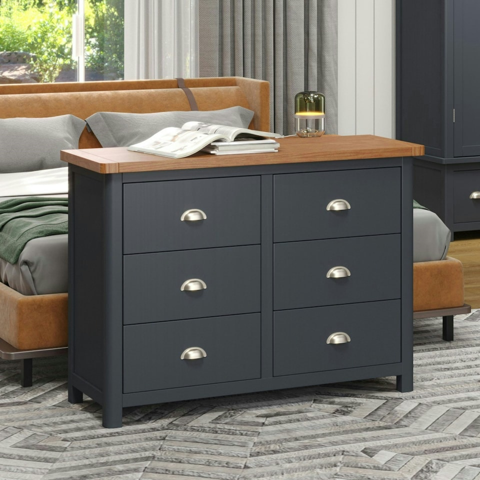 image 1 of Dunkeld 3+3 Drawer Wide Chest - Midnight Blue Painted Wood Bedroom Storage with Antique Waxed Top | Blue | Blue | 1