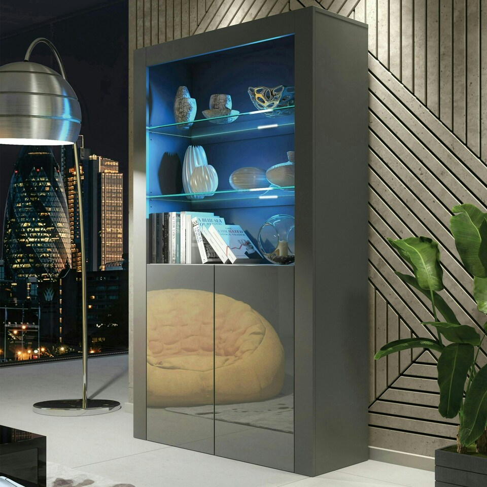 image 1 of Display Cabinet 100cm Grey Gloss Doors Dark Matt Body Free LED Grey