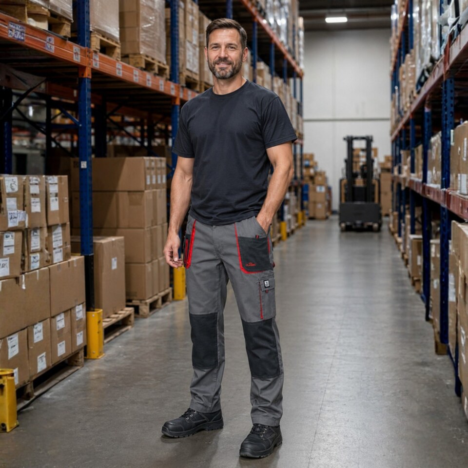 image 1 of ArtMas Grey Red Work Trousers for Men Durable Design with Knee Pad Pockets Reinforced Seams and Multi Functional Pockets Size UK34