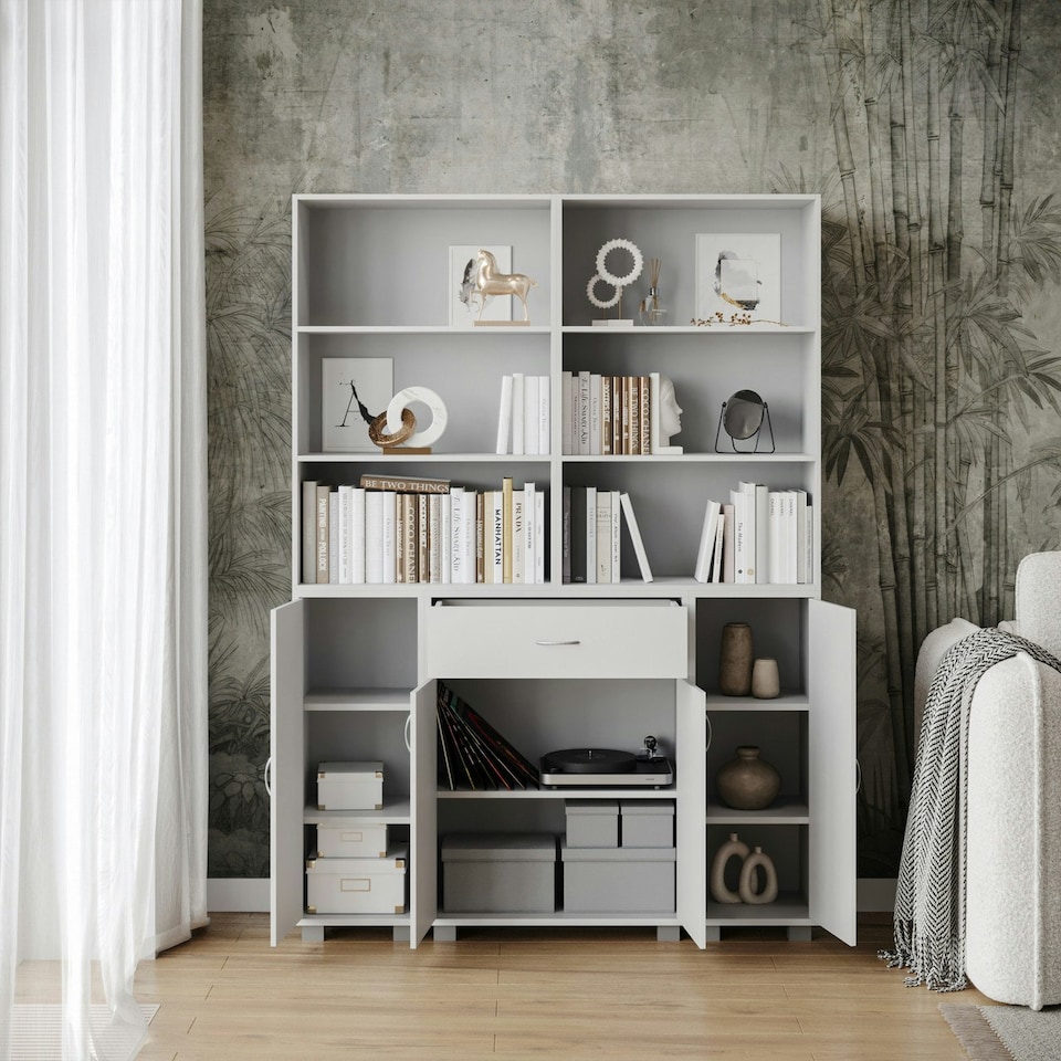 image 1 of Multi-Compartment Cabinet with 3-Tier Bookshelves and 1-Drawer White | Unit Colour: White