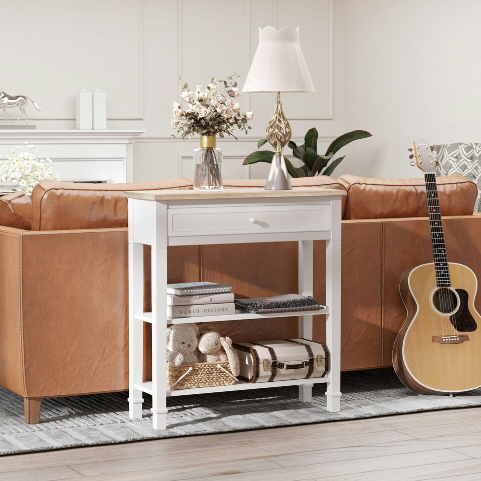 image 1 of HOMCOM 80x75cm Console Table w/ Drawer 2 Shelves Worktop Handle Retro White White | White
