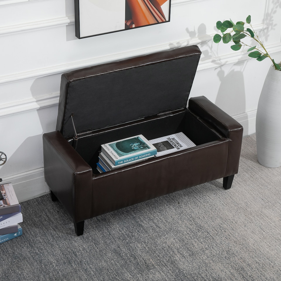 image 1 of HOMCOM PU Leather Storage Ottoman Bench Storage Chest Tufted Ottoman Cube with Flipping Top 92L x 40W x 40H cm Brown
