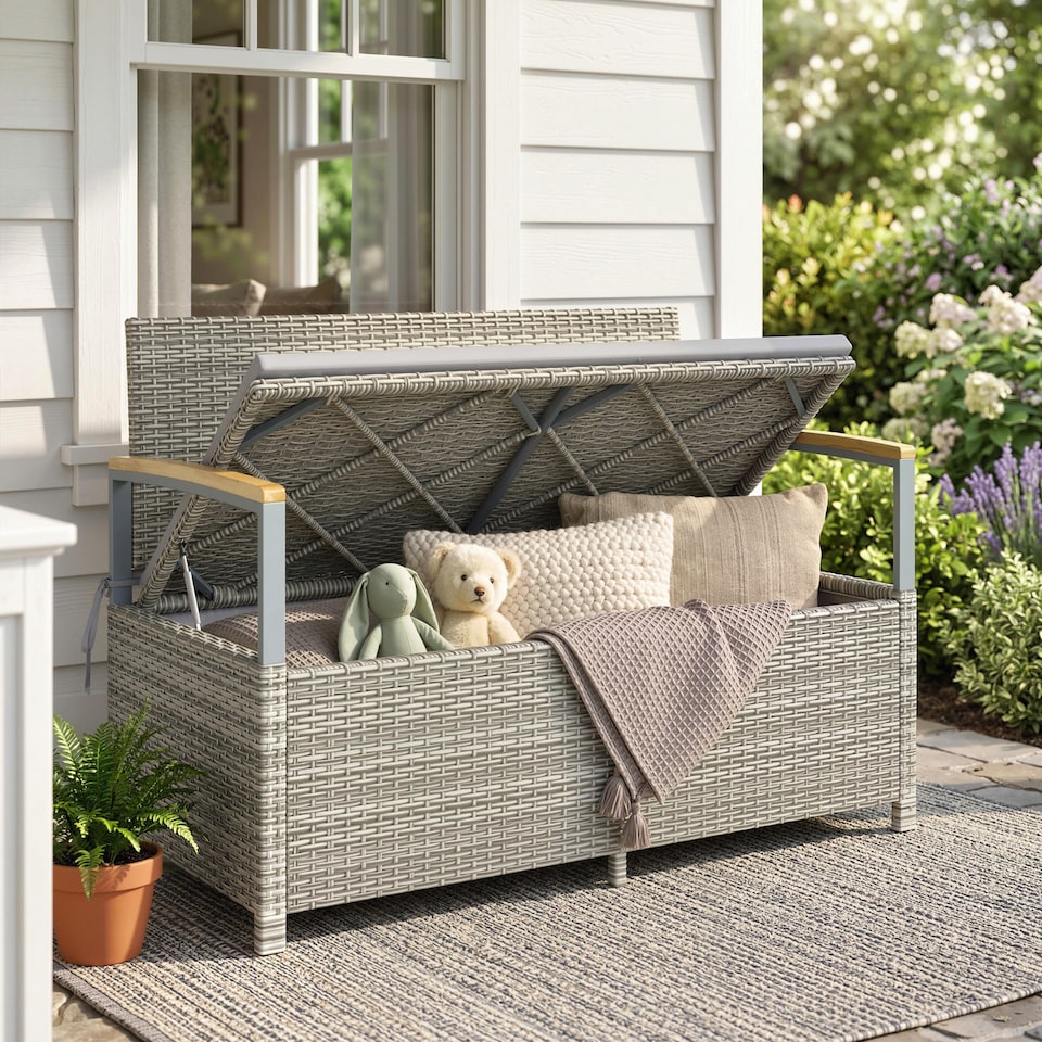 image 1 of Outsunny 170 L Rattan Garden Storage Bench with Cushion, Light Grey