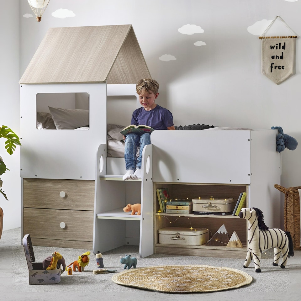 image 1 of Orpheus 90cm Single White and Wood Effect Treehouse Midsleeper Cabin Bed