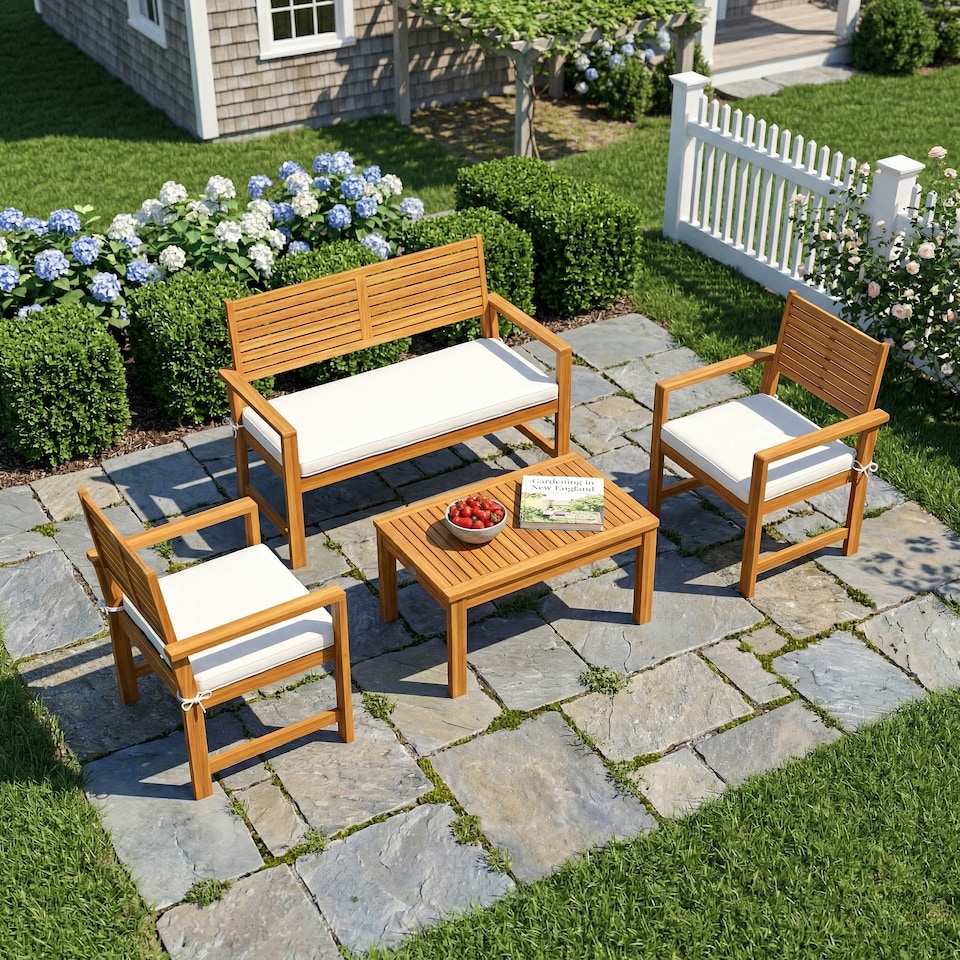 image 1 of Outsunny 4 Seater Wooden Garden Furniture Set with Loveseat, Chairs, Table | Cream | Cream White | Four Seater