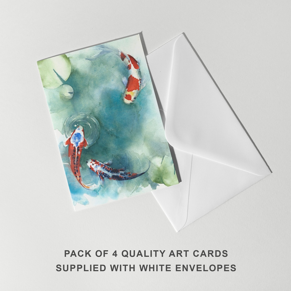 image 1 of Japanese Koi Fish Art Cards Water Lily Any Occasion Pack of 4 A6