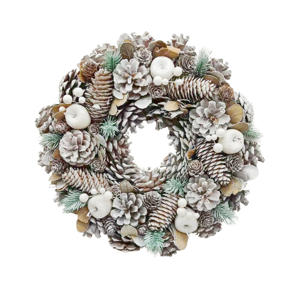 image 1 of Christmas Wreath Festive Decoration with Jute Hanger Traditional Pinecone Decor | Multi | Frosted White | 25cm | 1