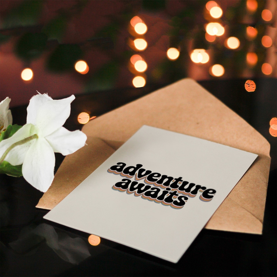 image 1 of Adventure Awaits Retro Rainbow Font Typography Leaving Greeting Card
