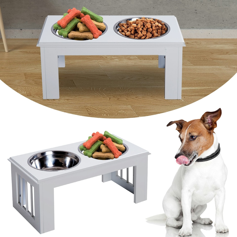 image 1 of PawHut Raised Dog Bowls Pet Feeder Raised Elevated Stainless Steel Food White