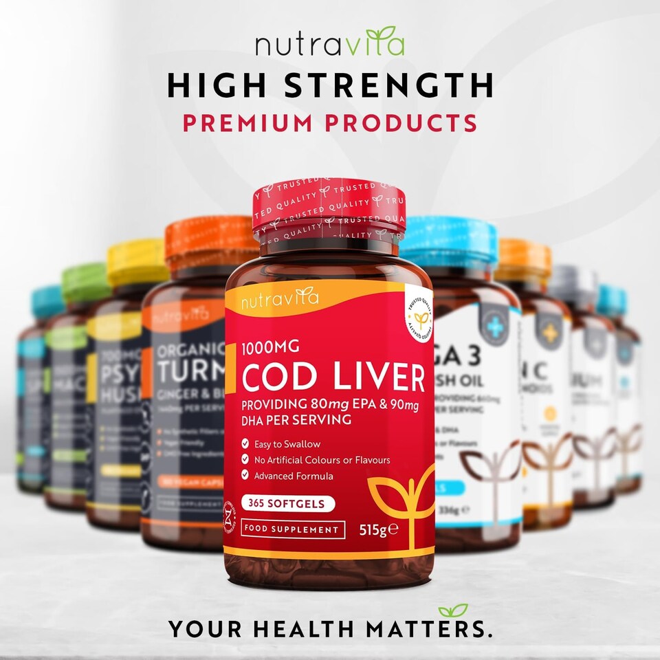 image 1 of Nutravita Cod Liver Oil 1000mg - Omega 3, Vitamins A, D, E & Garlic Oil - Supports Heart & Brain Health - 365 Fish Oil Softgels - Made in The UK