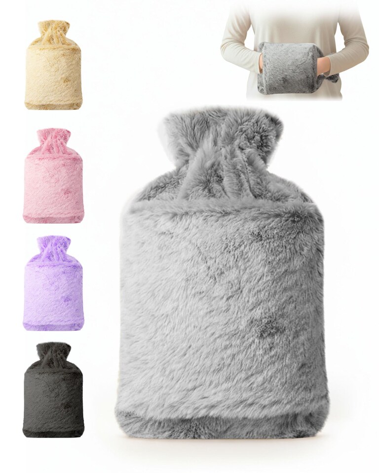 image 1 of Keplin Fluffy Faux Fur Hot Water Bottle 2 Litre with Hand Warming Cover