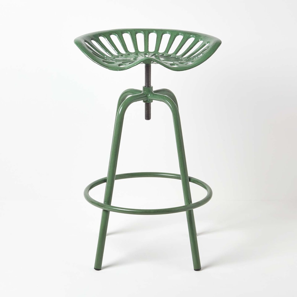 image 1 of Homescapes Vintage Style Metal Green Adjustable Tractor Seat Bar Stool | Green | 50 x 46.5 x 74 cms. Seat Height: 60-74cm.