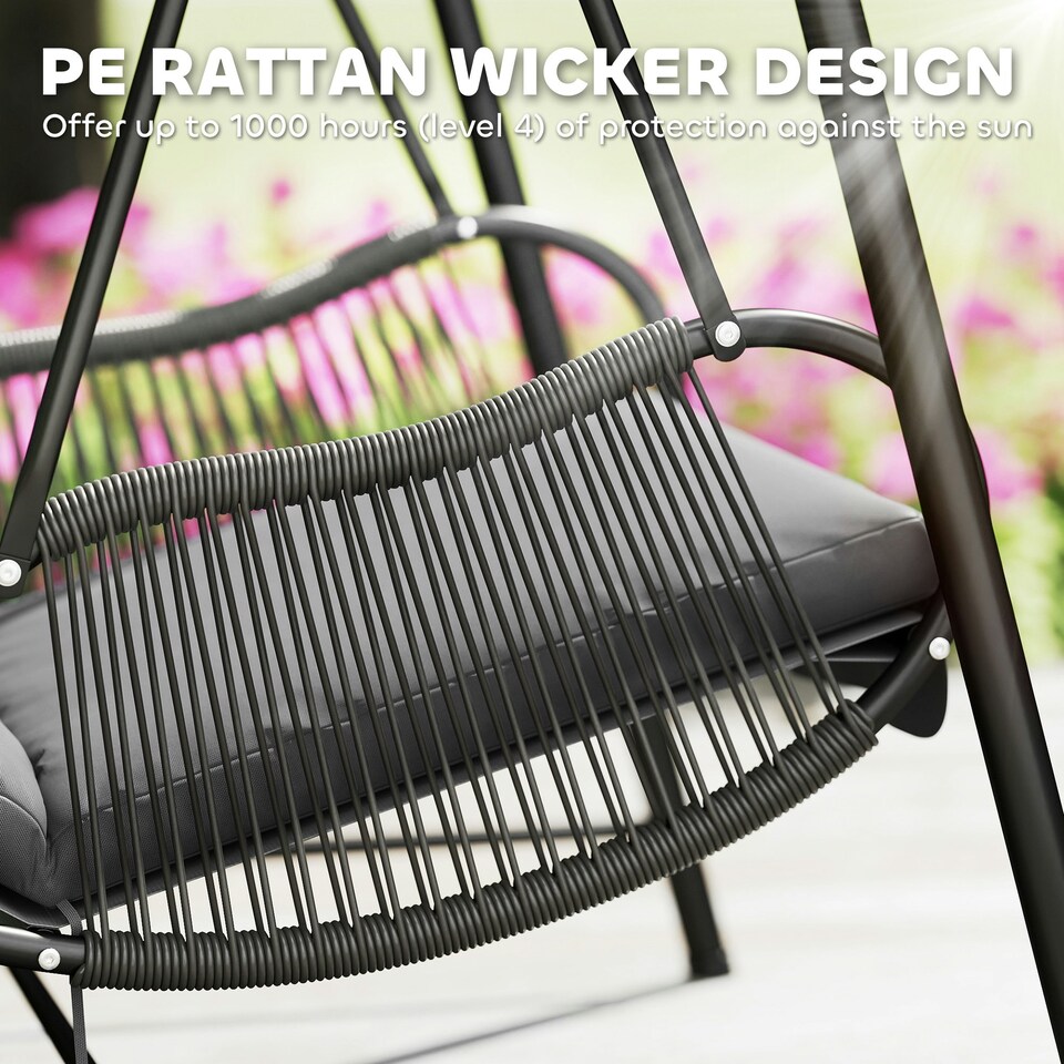 image 1 of Outsunny Rattan Swing Chair with Stand and Seat Cushion Grey | Dark Grey