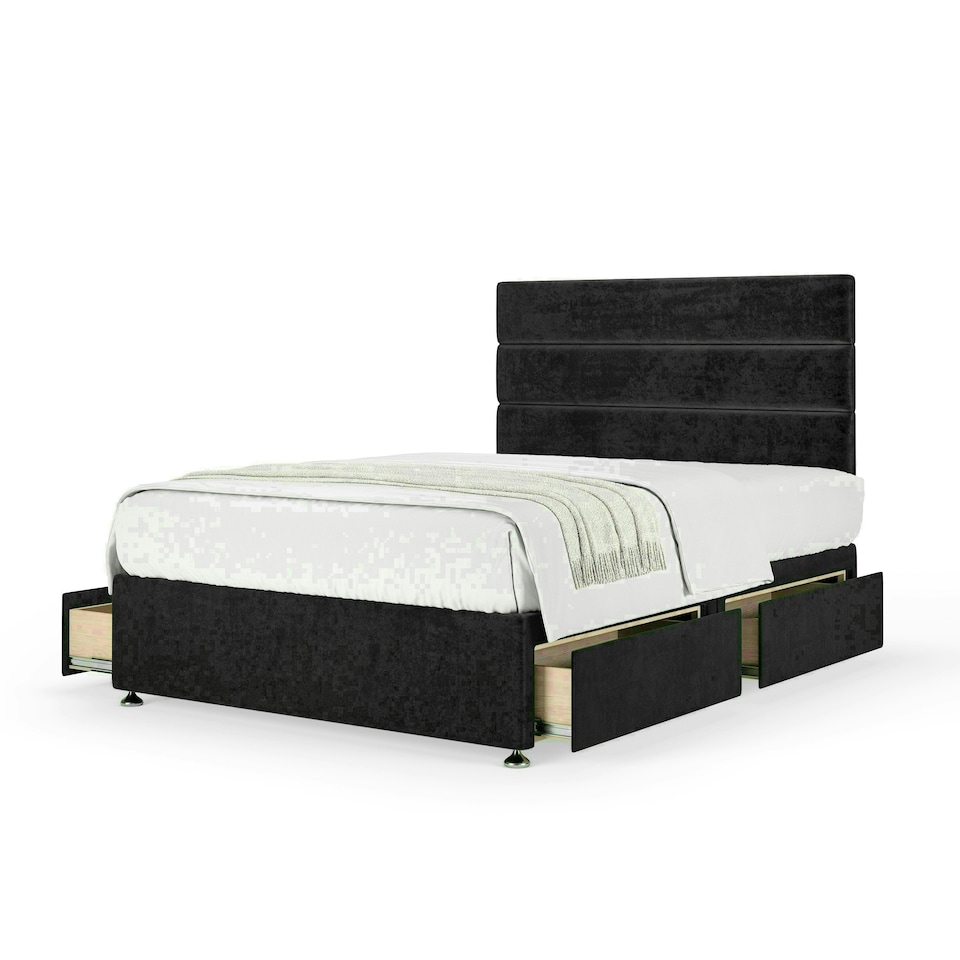 Black Naples Velvet 4 Drawer Divan Base and Milan Headboard Small Double