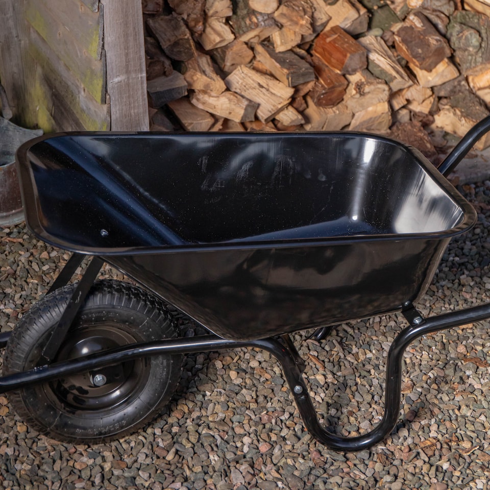 image 1 of 90 Litre 150kg Capacity Heavy Duty Outdoor Galvanised Pneumatic Metal Garden Wheelbarrow in Black