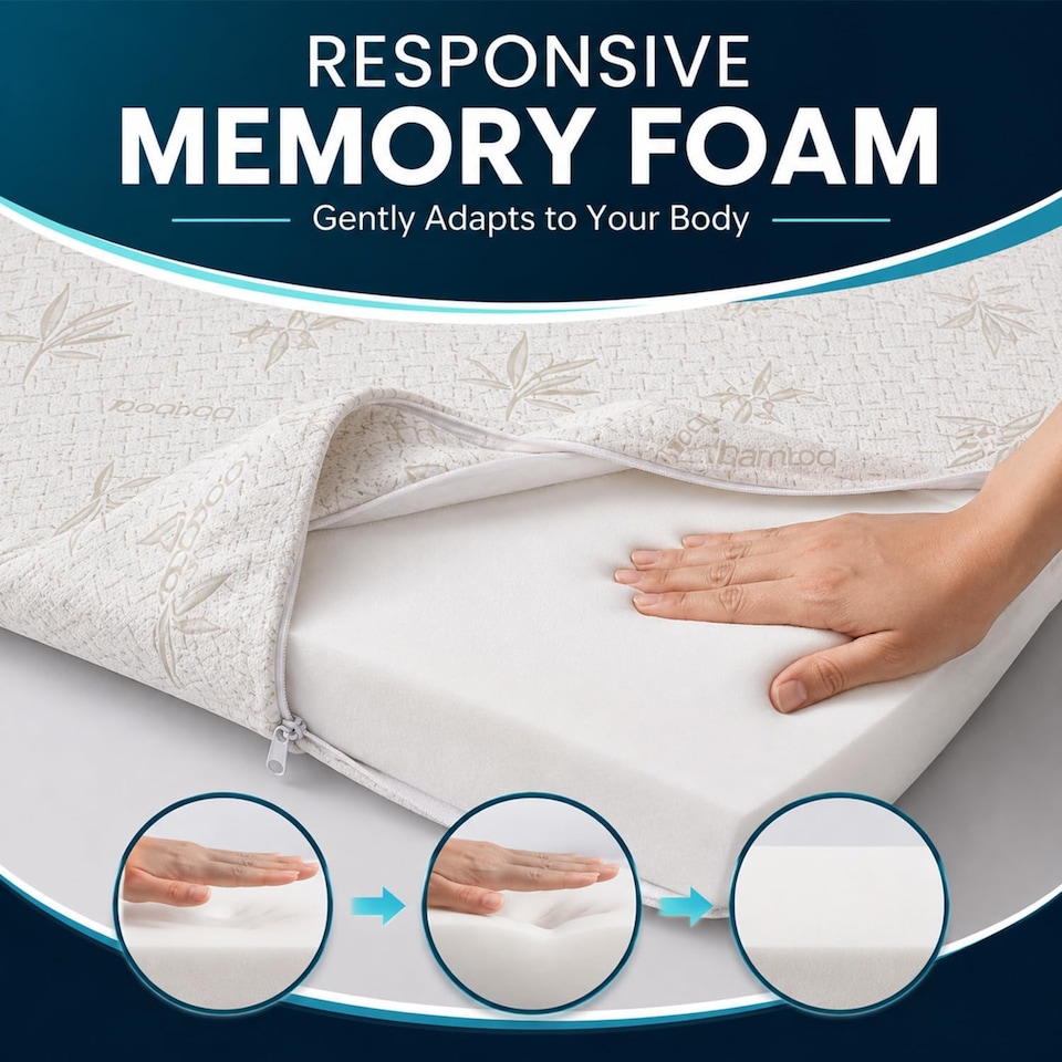 image 1 of Memory Foam Mattress Topper | Reversible Bamboo Cover | Orthopaedic Pressure Relief for Back Pain 2" (5cm)