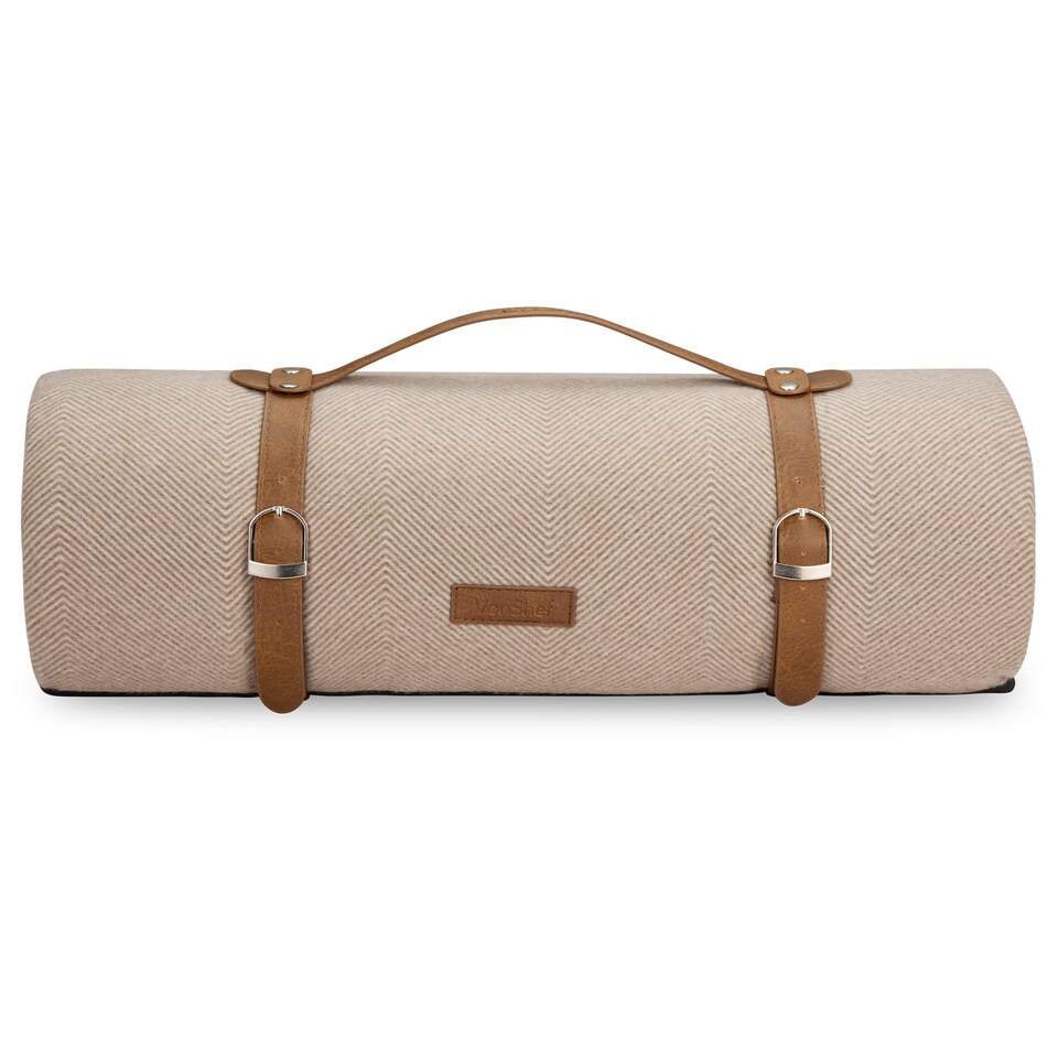 image 1 of VonShef Picnic Blanket Large Beige Herringbone