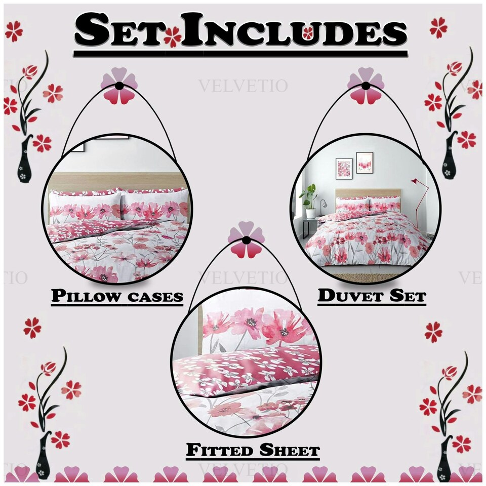 image 1 of VELVETIO Chelsea Floral Complete Duvet Cover Set with Fitted Sheet Soft Polycotton Bedding Sets Red | King