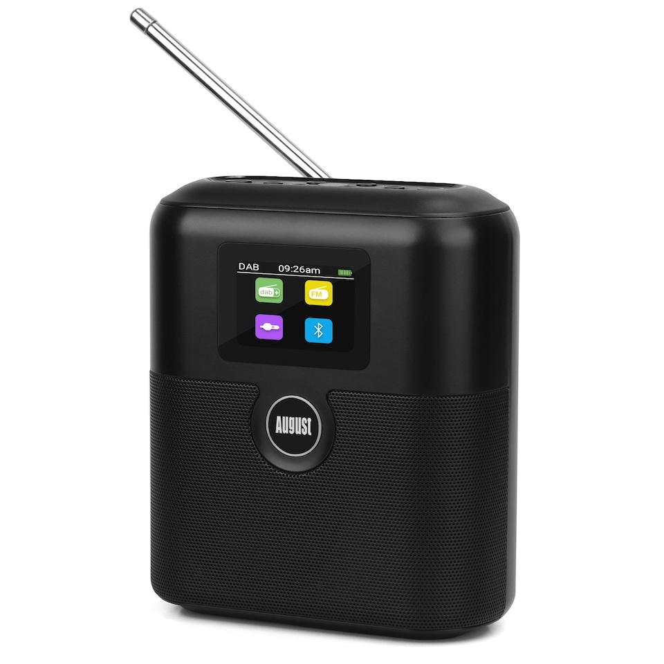 image 1 of Rechargeable Bluetooth Speaker with DAB/DAB+/FM Radio, Dual Alarm Clock, Colour LCD Screen for Bedside, Kitchen, Office, or Outdoors– August MB330B