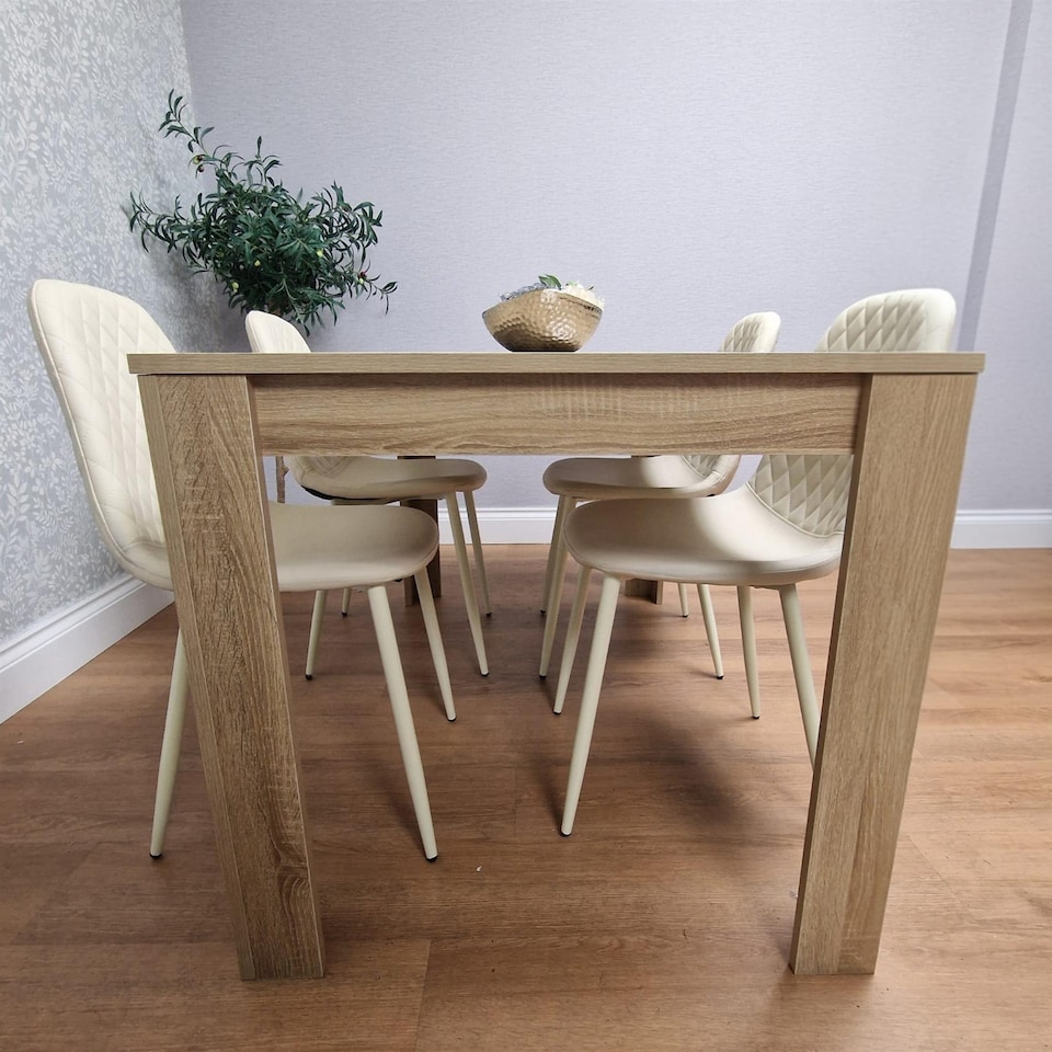 image 1 of Oak Effect Wood Dining Table with 4 Cream Gem Pattern Faux Leather Chairs
