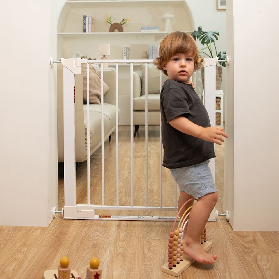 image 1 of Safetots SafeStep Gate, White, 96cm - 103cm, Extra Low Walkthough, 81cm Extra Wide Doorway, One Piece Extra Wide Baby Gate