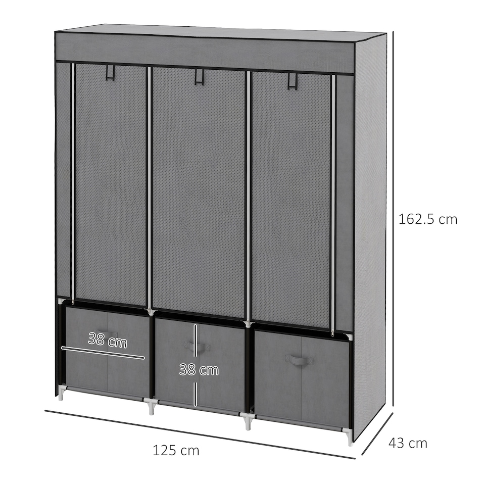 image 1 of HOMCOM Fabric Wardrobe for Bedroom, Portable Wardrobe with 5 Shelves, 2 Hanging Rails and 3 Fabric Drawers, Foldable Closet, 125 x 43 x 162.5cm, Dark Grey