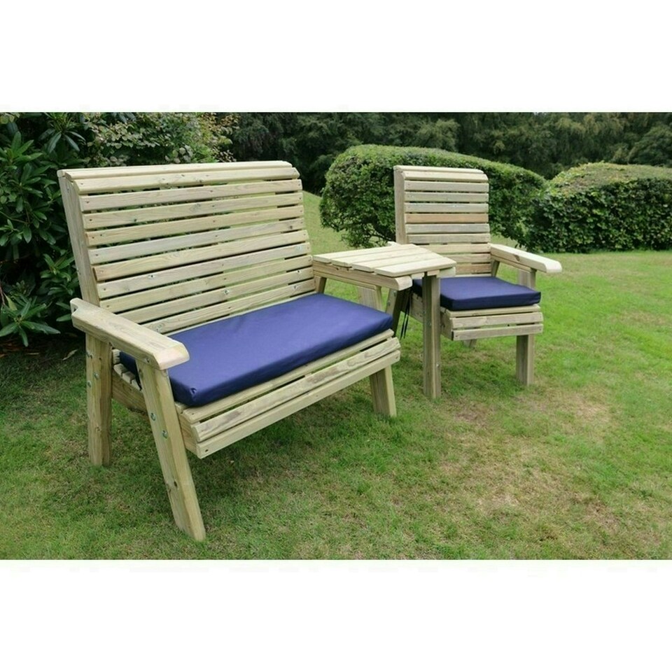 image 1 of Ergonomic Trio Set Wooden Garden Bench & Chair Set - L75 x W220 x H105 cm - Fully Assembled - Set of Waterproof Cushions Included