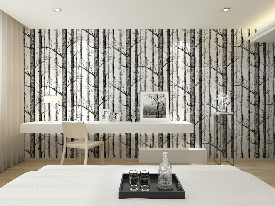 image 1 of Living and Home Removable Fabric Birch Tree Wallpaper Roll - 1000*53cm | Multi