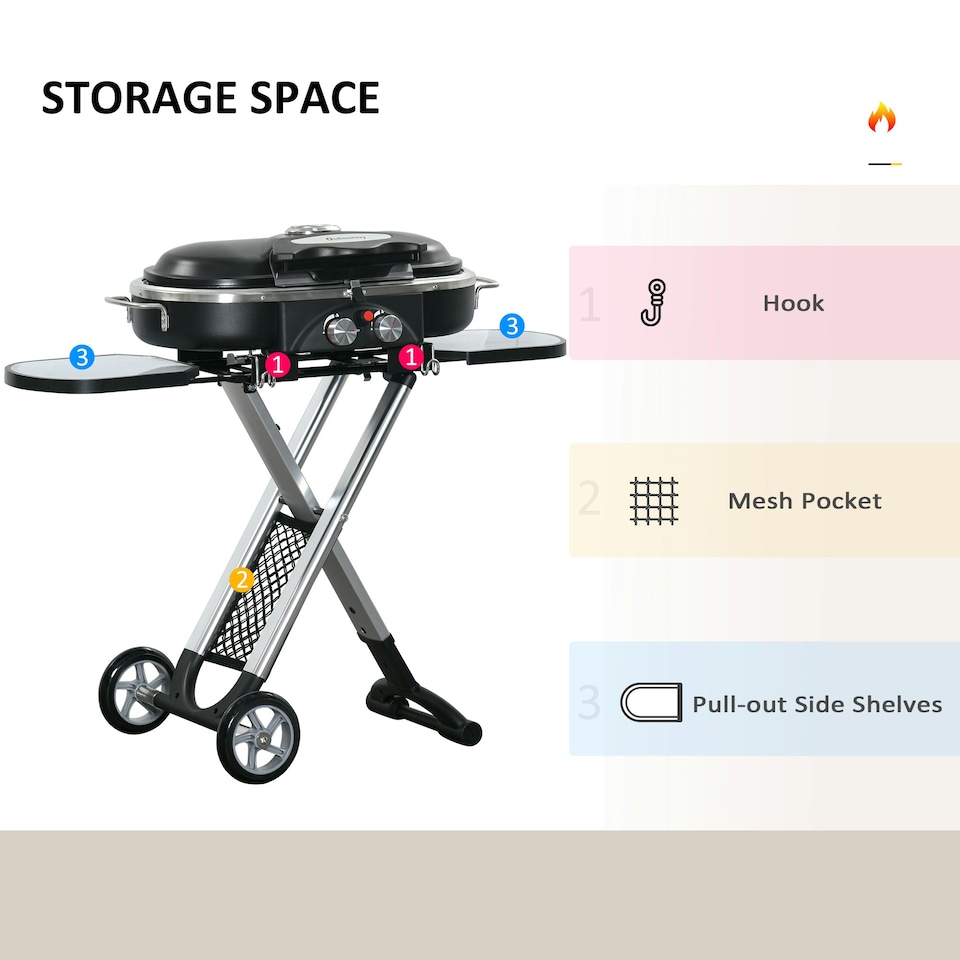 image 1 of Outsunny Foldable 2 Burner Gas BBQ Grill Trolley w/ Side Shelves Storage Pocket