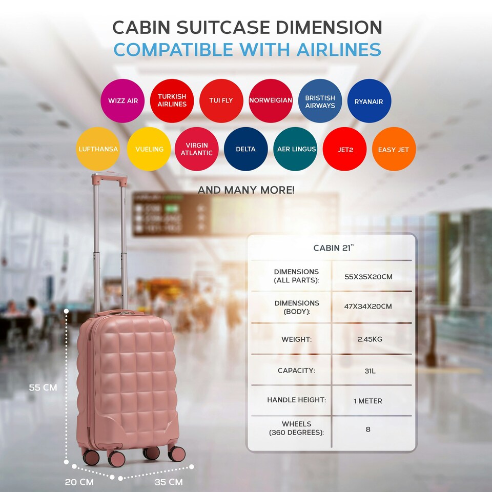image 1 of Flight Knight Bubble Suitcase - Ryanair easyJet Jet2 Approved - 8 Wheel Carry Cabin Hardcase 55x35x20cm Pink | Rose Gold | Cabin Bag