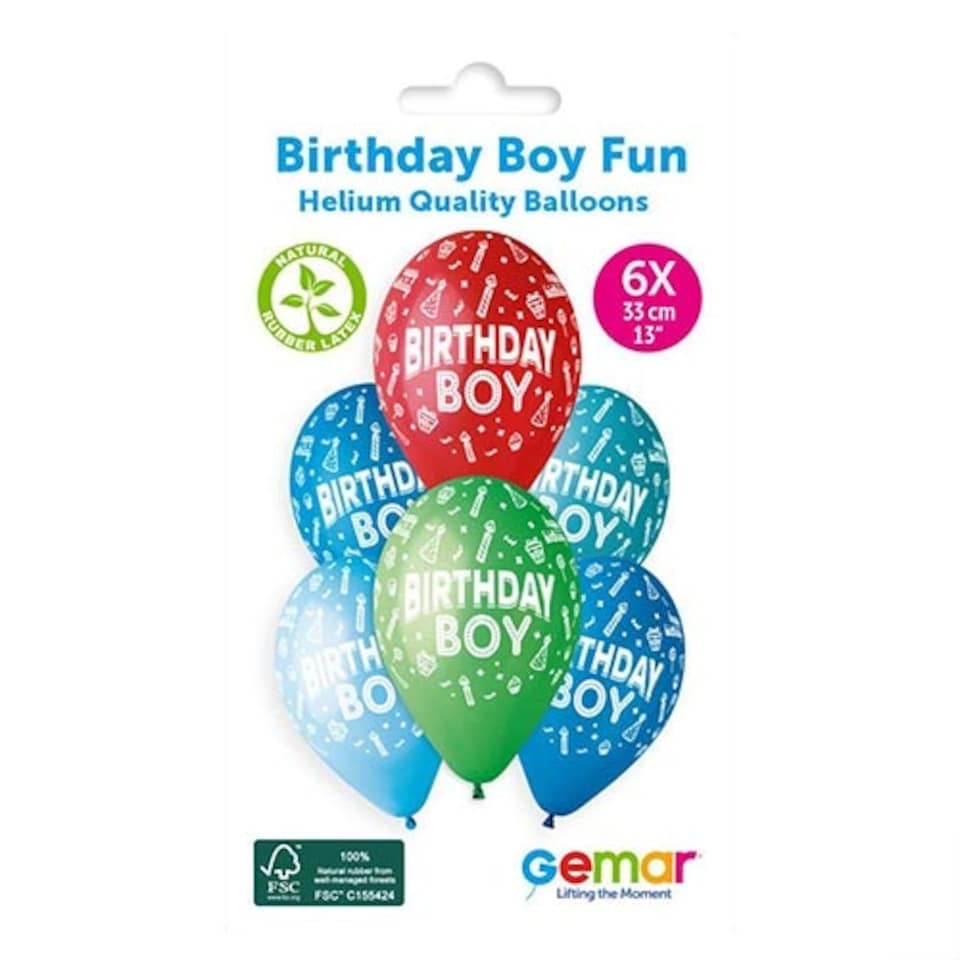 image 1 of Assorted Colour Birthday Boy Fun Latex Balloons 33cm / 13 in - Pack of 6