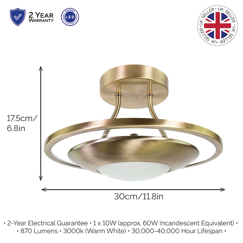 image 1 of Modernistic Semi Flush Energy Saving LED Ceiling Light Fitting in Antique Brass | Gold