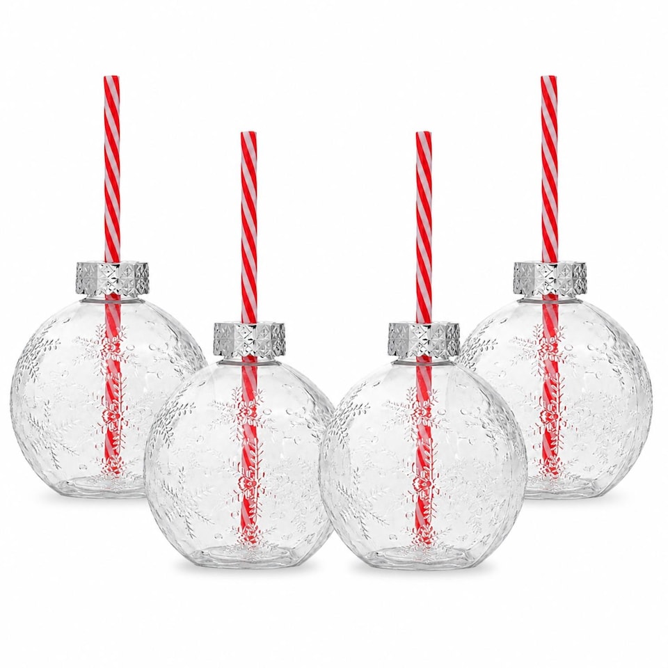 image 1 of Set of 4 Glass Bauble Drinks Tumblers Clear Snowflake 400ml With Straw