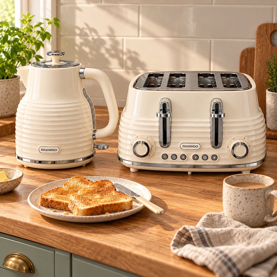 image 1 of Daewoo Sienna 1.7L Rapid Boil Kettle and 4 Slice Toaster Set | Cream | Cream