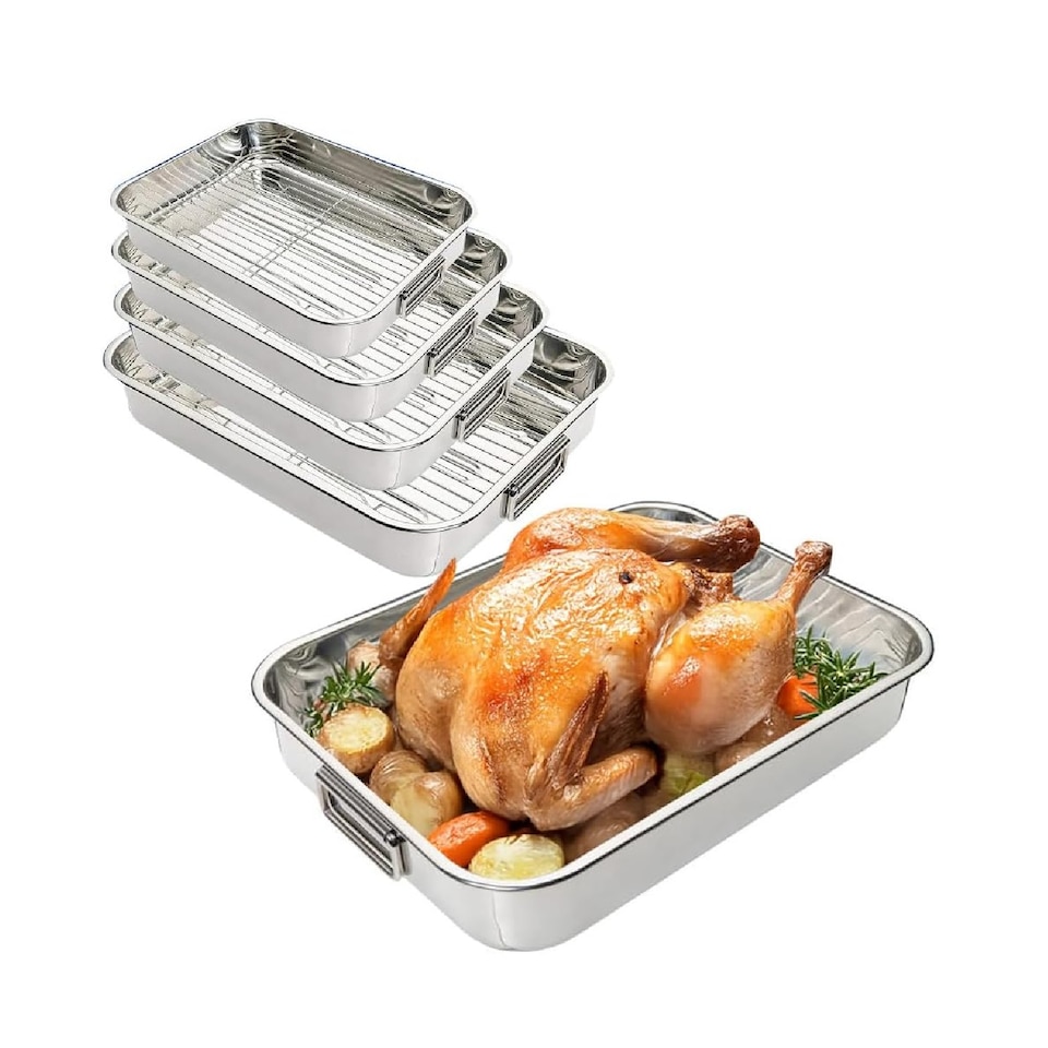 image 1 of Set Of 4 Roasting Trays Stainless Steel Oven Pan Dish Bake Roast Grill