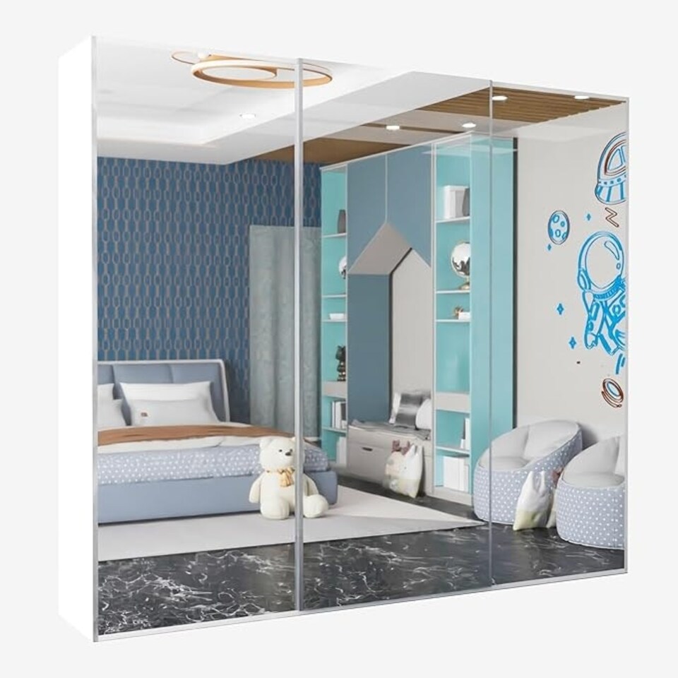 image 1 of Expansive 250cm 3-Door Sliding Mirrored Wardrobe with Integrated Drawers | White, Black, Grey Finish White | White250cm
