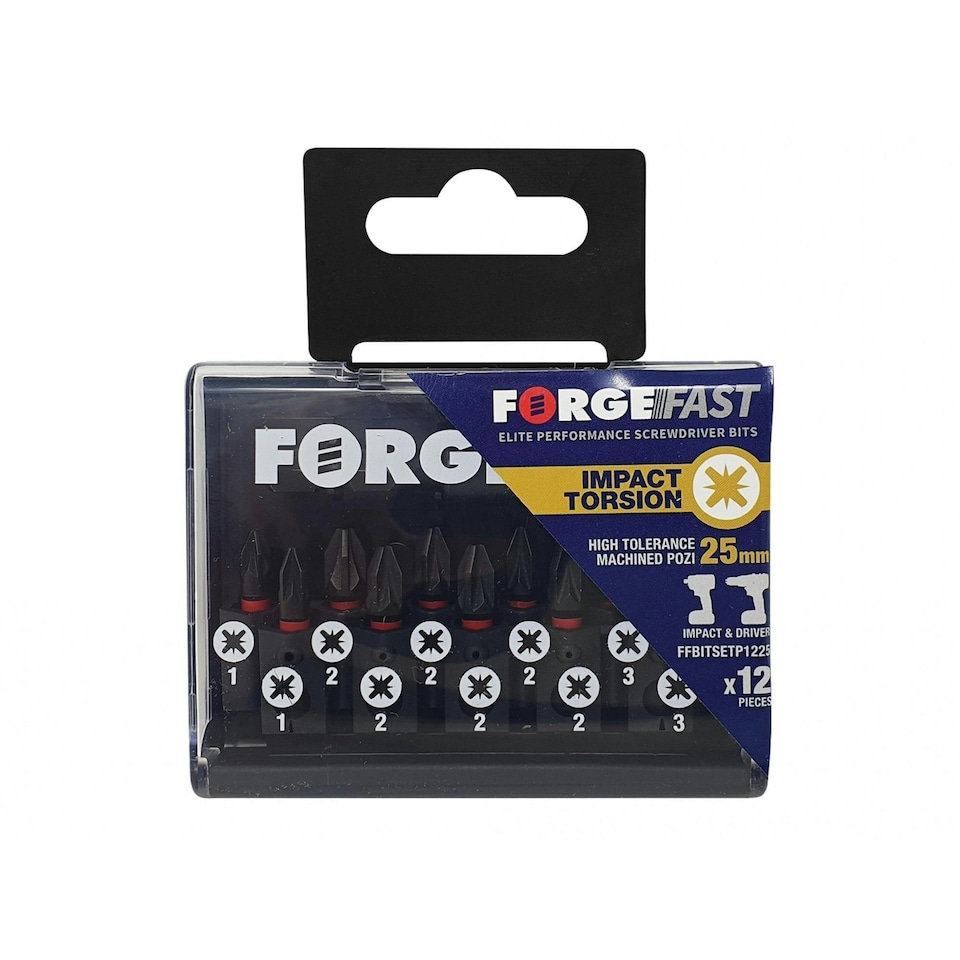 Forgefix Forgefast Pozidriv Compatible Impact Bit Set, 12 Piece - Black Phosphate - One Size